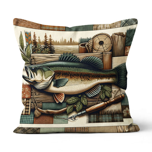 Largemouth Bass Fishing Vintage Pillow For Fishing Lodges, Fishing Cabins Decoration Fishing Gifts IPHW5681