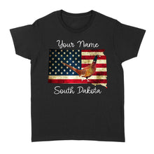 Load image into Gallery viewer, Pheasant hunting shirt South Dakota American Flag bird hunter custom name T-shirt - FSD1162