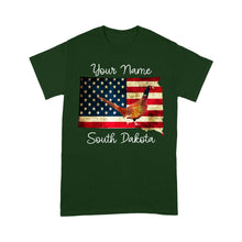 Load image into Gallery viewer, Pheasant hunting shirt South Dakota American Flag bird hunter custom name T-shirt - FSD1162